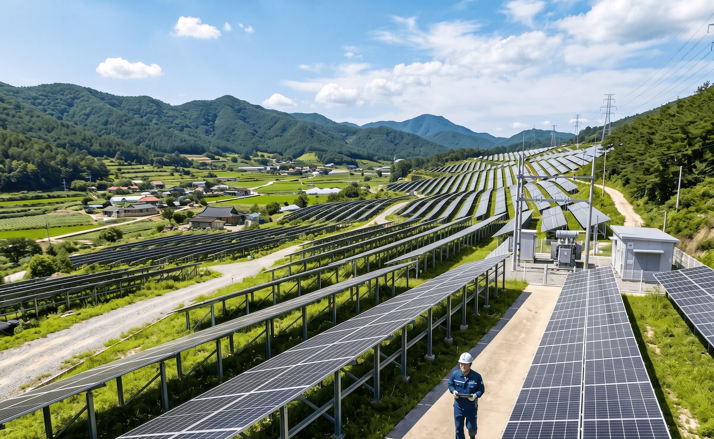 Solar modules stepped down a hillside ringed by mountains, with a worker walking up the path