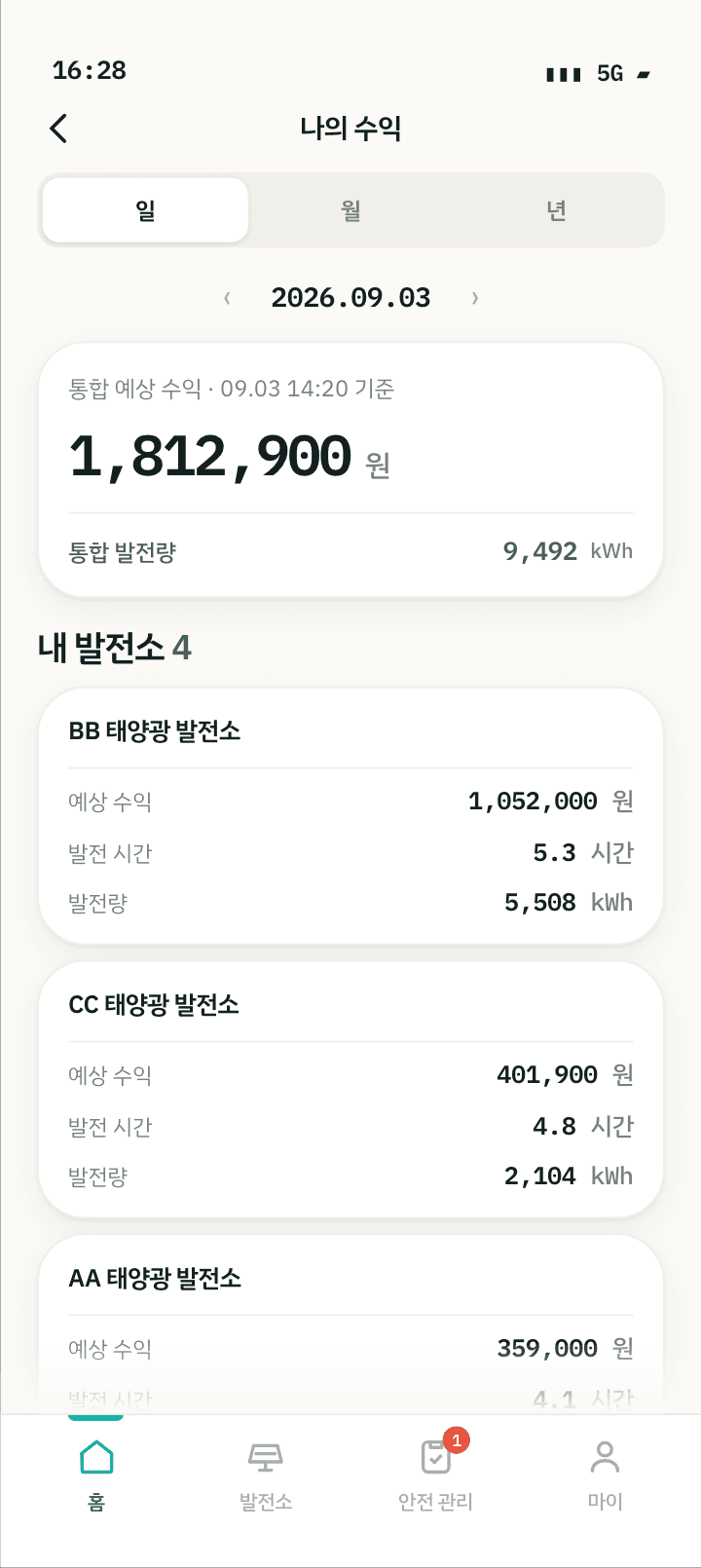 제너존 앱 나의 수익 화면. 통합 예상 수익과 통합 발전량, 발전소별 예상 수익·발전 시간·발전량